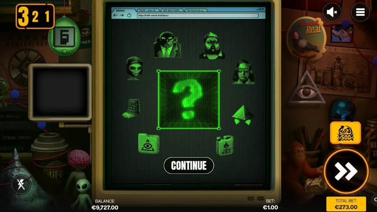 Tampilan layar permainan slot Truth dengan tema bunker konspirasi retro
