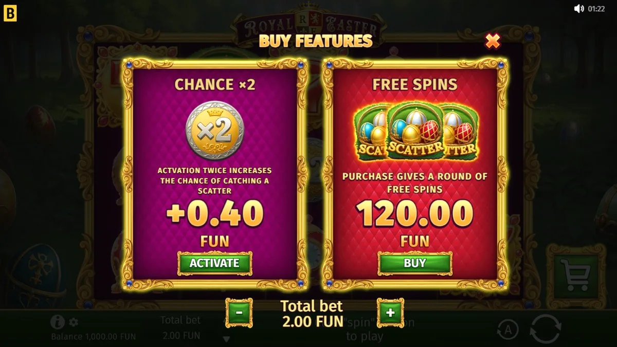 Tampilan visual slot Royal Easter dengan latar belakang taman istana yang mewah dan simbol telur Faberge.