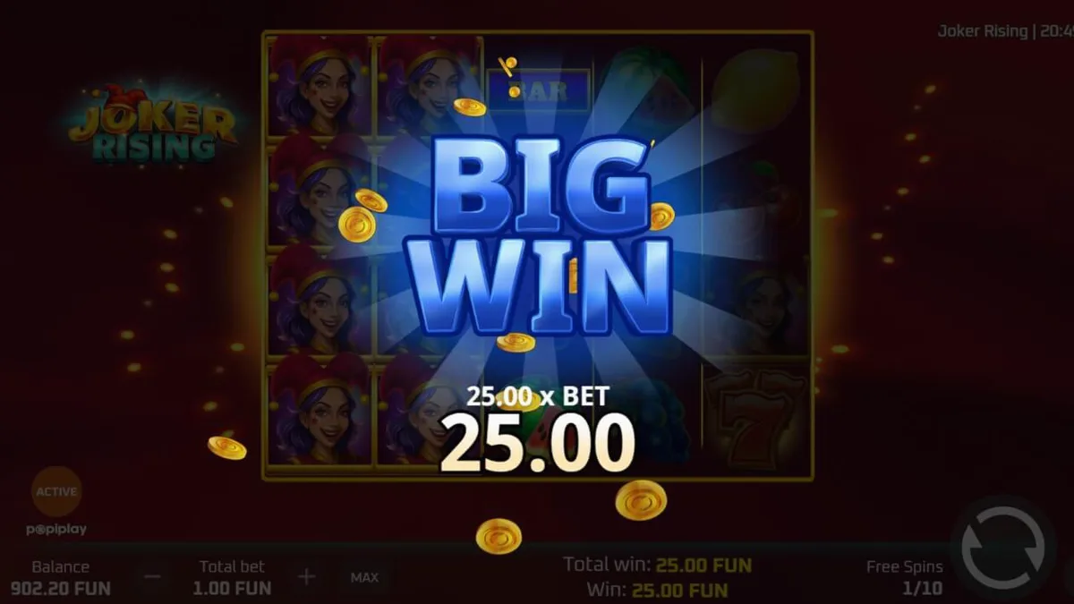 Tampilan visual slot Joker Rising dengan simbol buah neon dan karakter Joker
